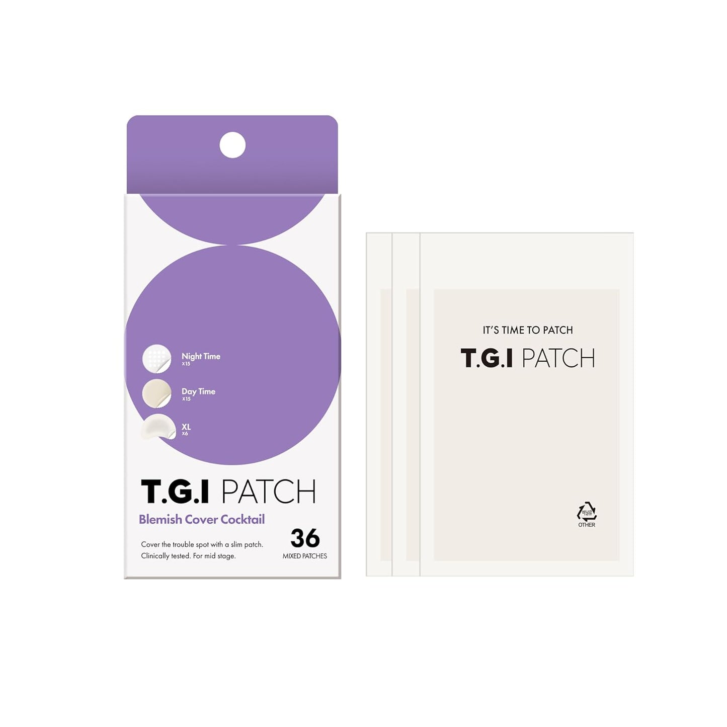 TGI PATCH Blemish Cover Cocktail (Variety Pack) - Hydrocolloid Patches for Mid-Stage of Skin Trouble (36pc), Day and Night patches plus XL size