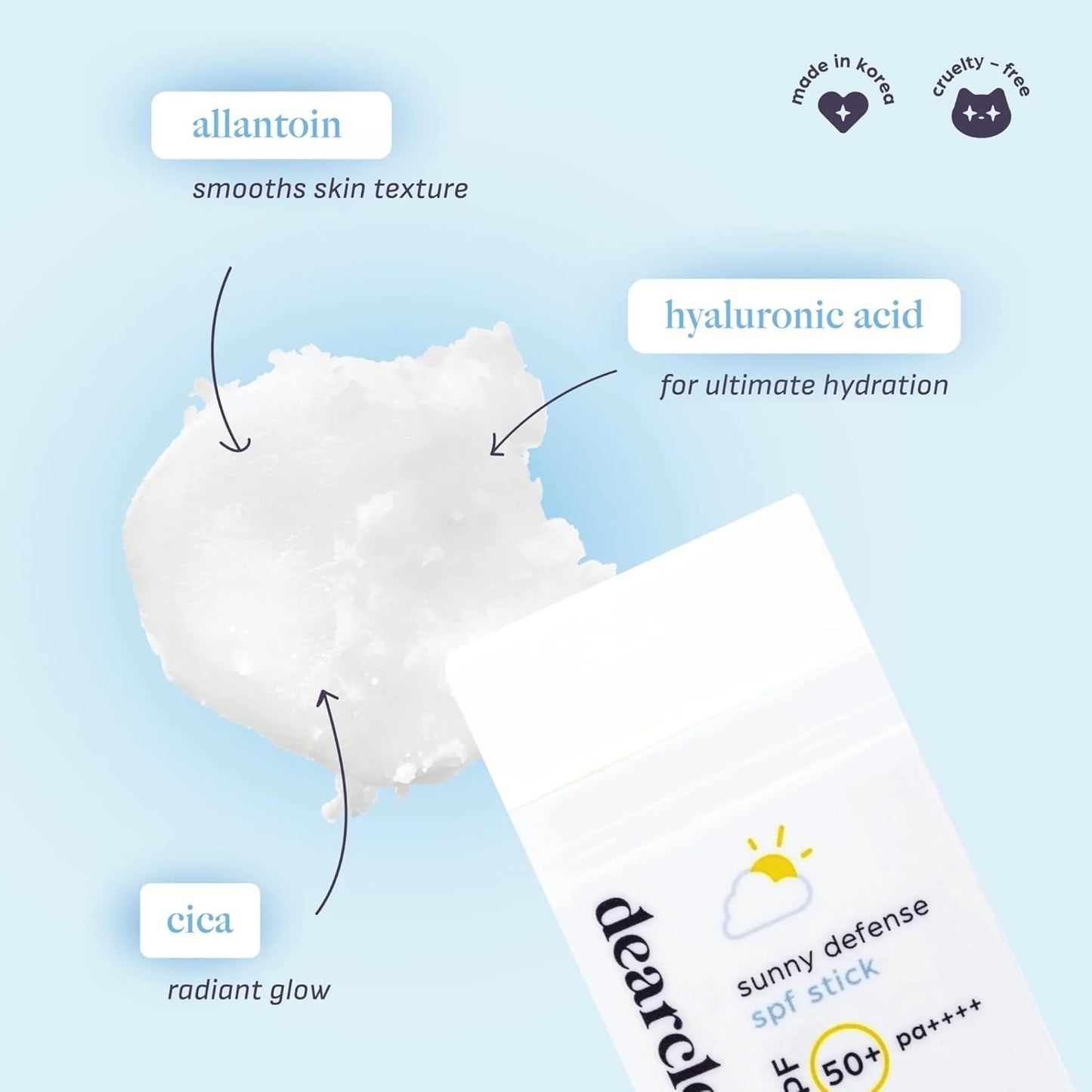Dearcloud – Sunny Defense Sunscreen Stick SPF 50+ PA++++ – Vegan Korean Face Sunscreen with Hyaluronic Acid & Cica – Travel Size