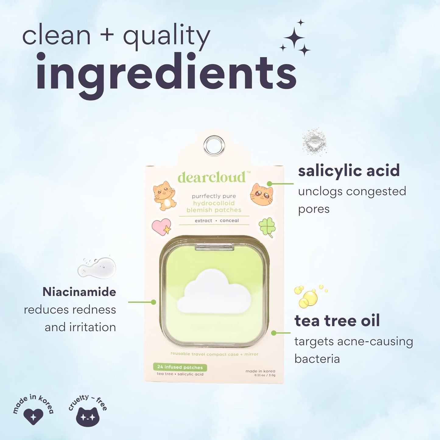 Dearcloud Purrfectly Pure Blemish Patches (24ct + Compact Case) - Hydrocolloid Acne Spot Treatment with Salicylic Acid & Tea Tree