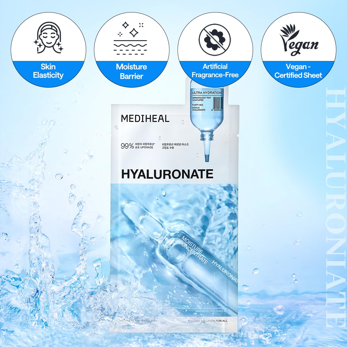 Mediheal Hyaluronate Watermide Mask – Deep Hydration + Soothing Care + Vegan Certified (Pack of 10)