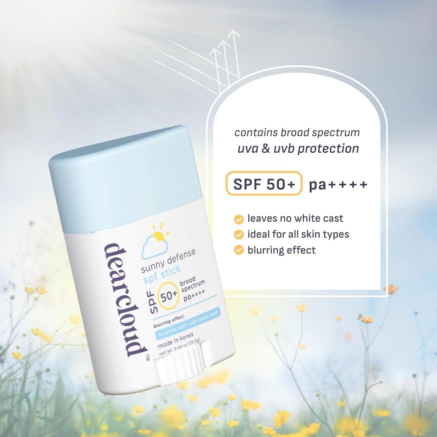 Dearcloud – Sunny Defense Sunscreen Stick SPF 50+ PA++++ – Vegan Korean Face Sunscreen with Hyaluronic Acid & Cica – Travel Size