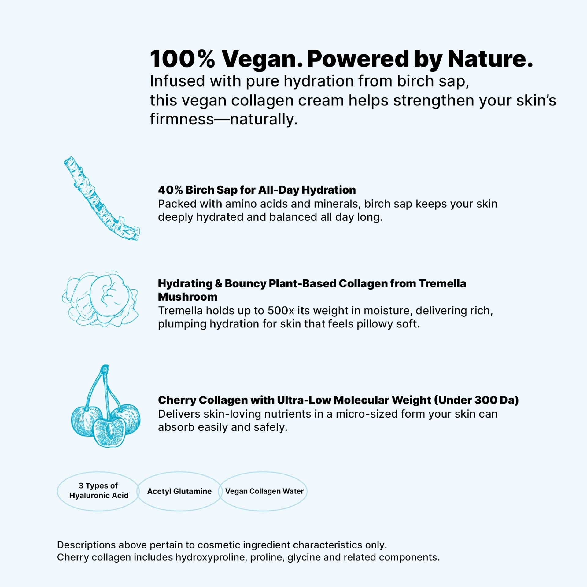 Hue Calm vegan collagen cream ingredients – birch sap, tremella mushroom, cherry collagen

