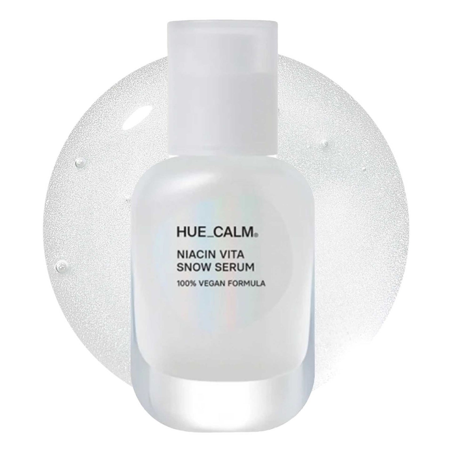 Hue Calm Niacin Vita Snow Serum bottle with clear serum texture background – vegan K-beauty brightening serum with 3% niacinamide