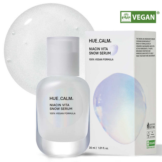 Hue Calm Niacin Vita Snow Serum product display showing full-size bottle and packaging box with iridescent design – vegan K-beauty serum for hydration and brightening