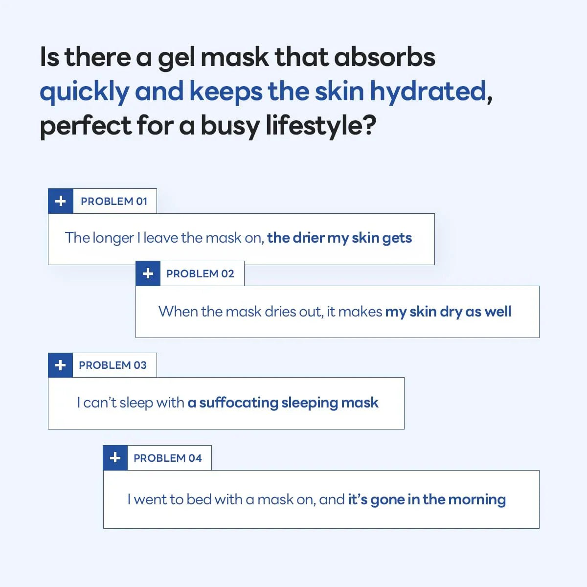 Infographic showing common hydration problems solved by the Hyper Hyaluronate Mask