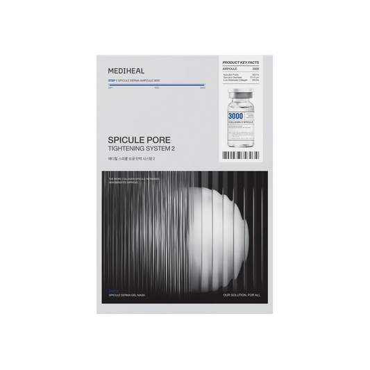 Front view of Mediheal Spicule Pore Tightening System 2 dual-step collagen mask packaging