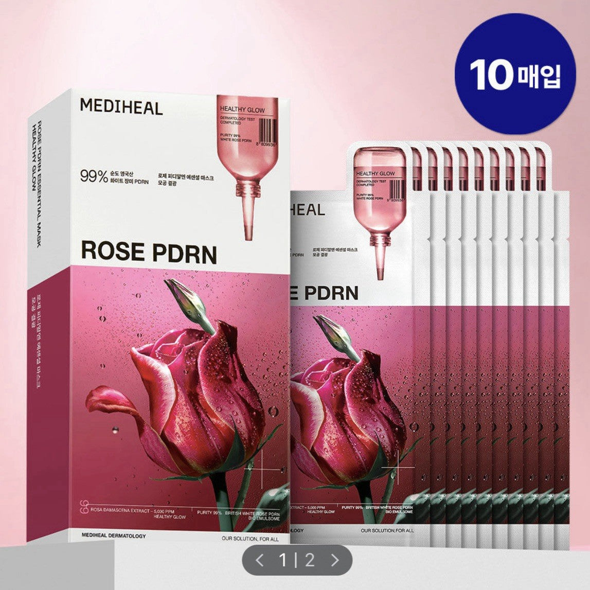 Mediheal Rose PDRN Essential Sheet Mask– 99% Pure White Rose PDRN & Hyaluronic Acid for hydrating (Pack of 10)
